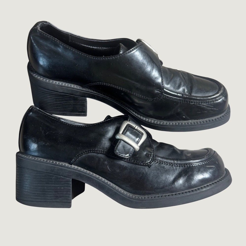 Vintage Current Attractions Black Chunky Buckle Loafers Square Toe 90s Size 10 - Picture 1 of 7